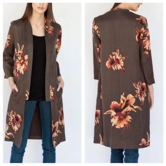 FREE People Slim Kimono in Brown Floral S Longline Open Front Boho Bohemian - Picture 1 of 8